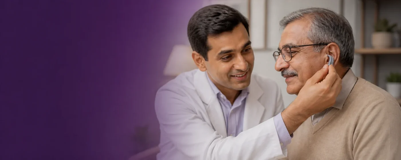 A hearing specialist fitting a behind-the-ear hearing aid on an Indian senior man
