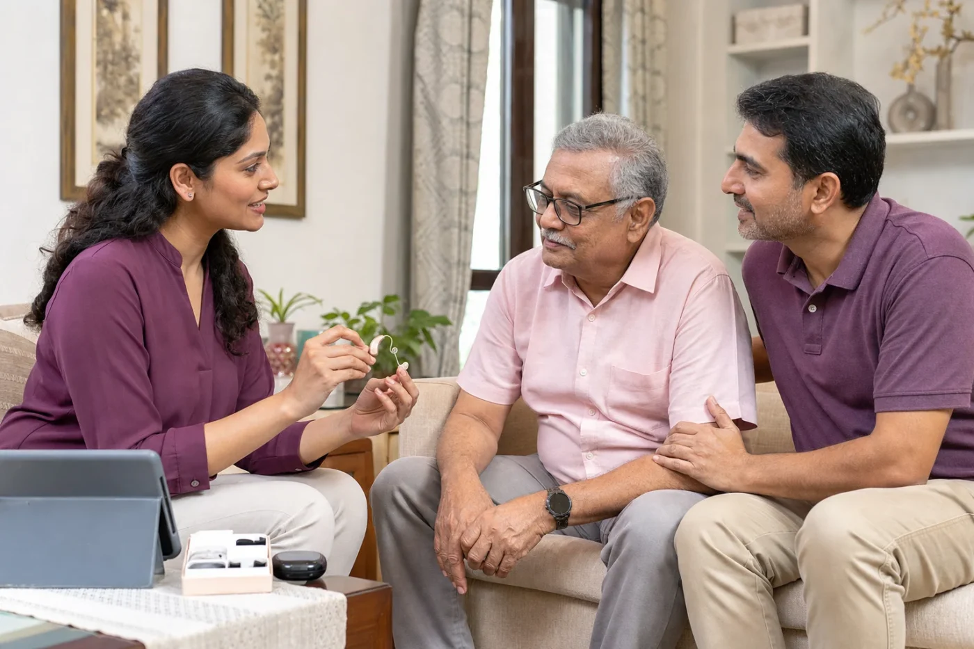 An audiologist explaining a hearing aid to an Indian senior man and his son at home